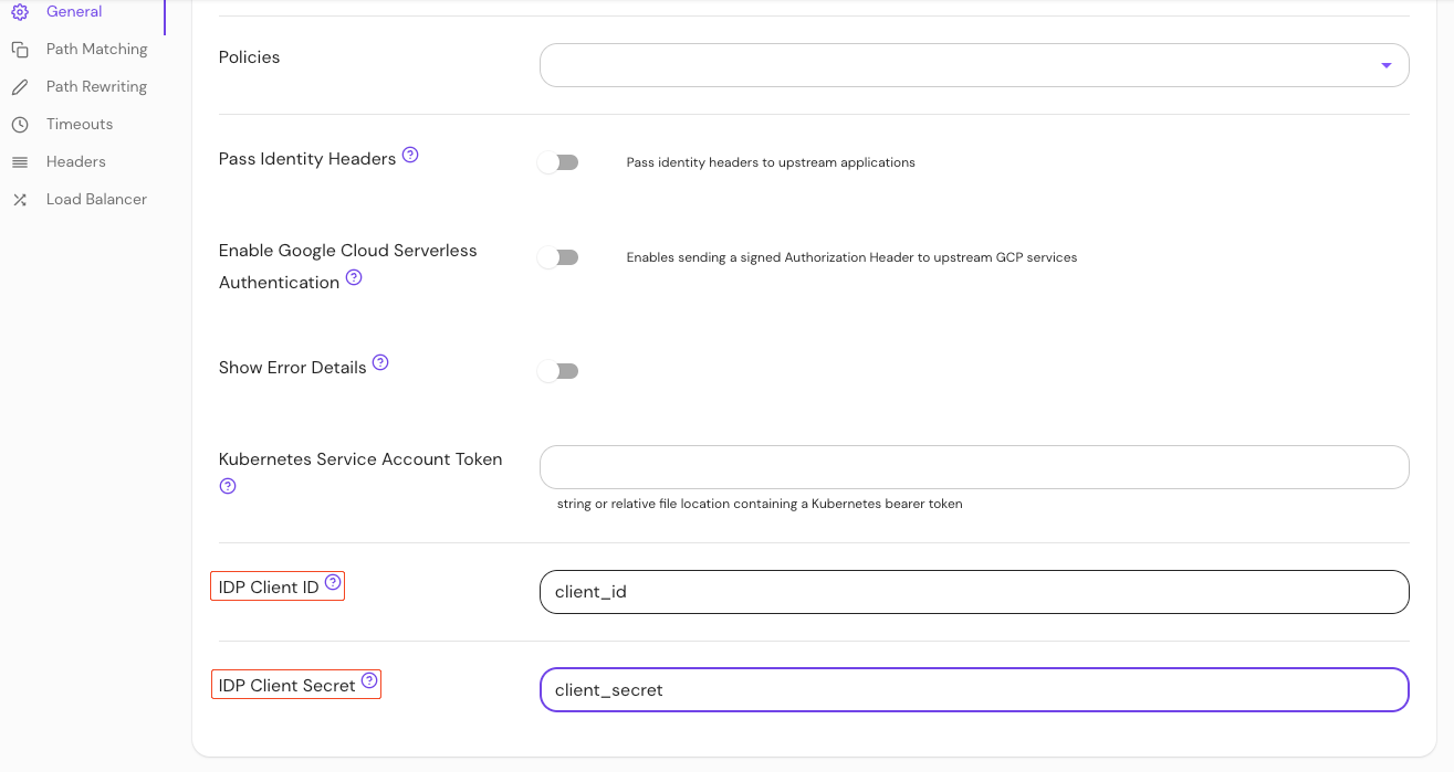 Set IdP Client ID and Secret on a route