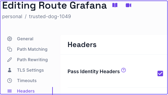 Configuring the headers settings for the Grafana route in the Zero Console