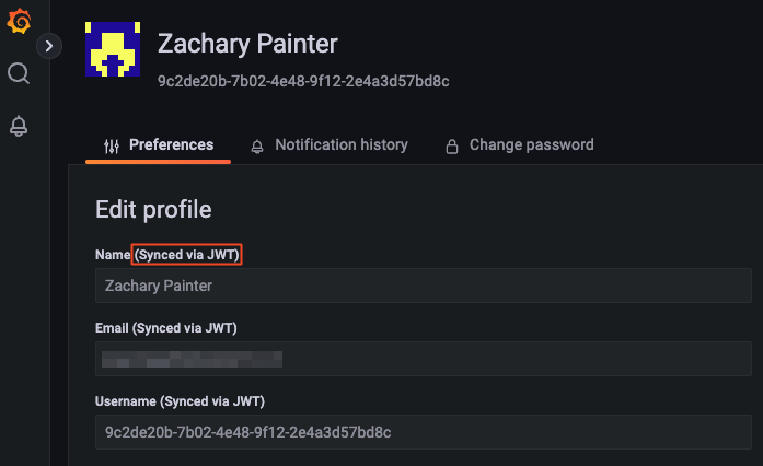 Viewing the user&#39;s profile information synced from the JWT in Grafana