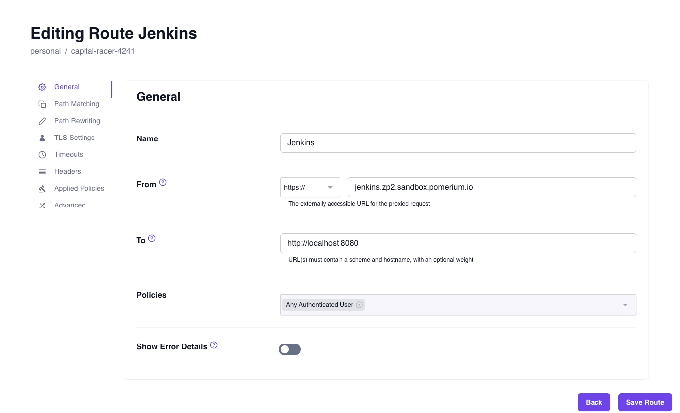 Configure a route to Jenkins in the Zero Console