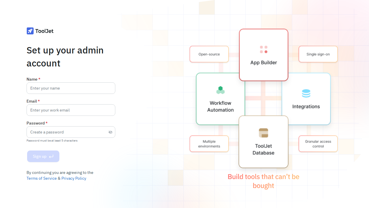 ToolJet's admin setup screen reached through Pomerium after SSO