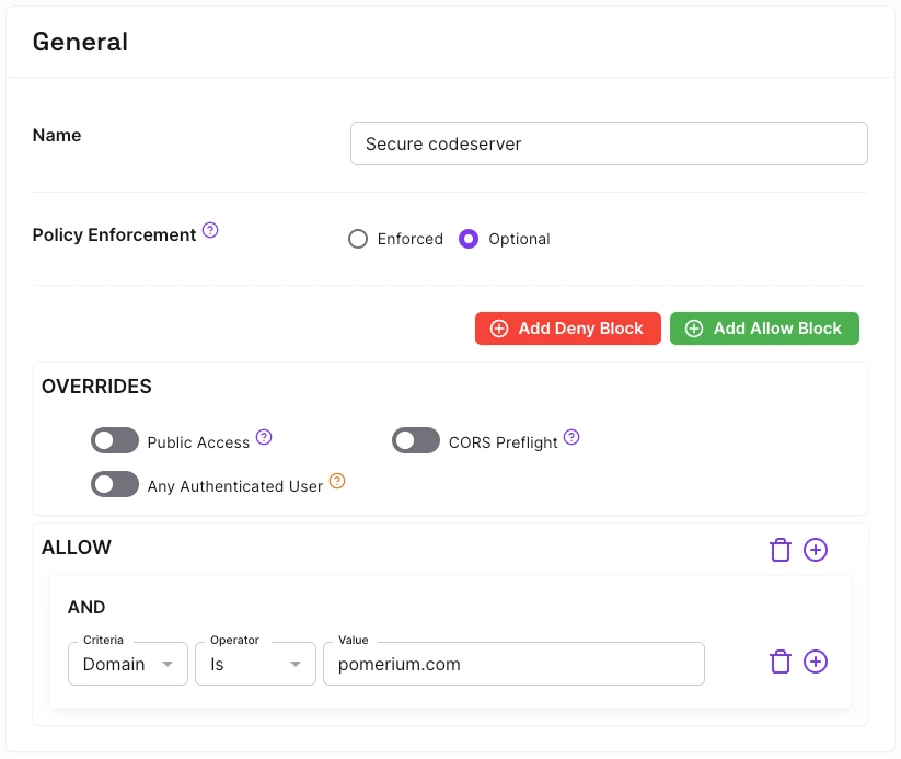 Creating an authorization policy in Pomerium Zero that restricts access based on email domain name.