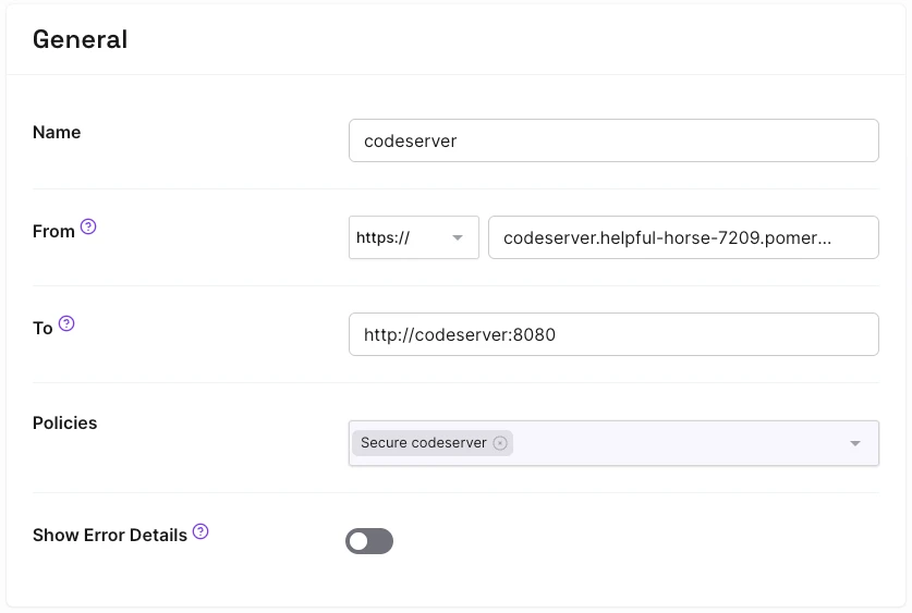 Creating a route definition for the code-server service in Pomerium Zero.